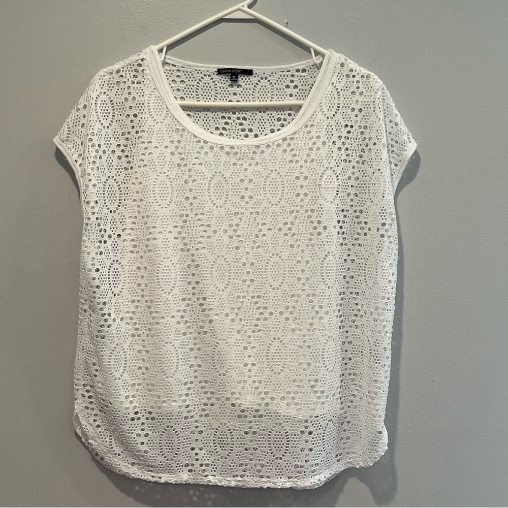 CHAUS SPORT Women's Size Medium Short Sleeve Mesh Lace Top W/Tank Top Underneath